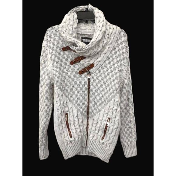 Leif Nelson Ecru Grey Shawl Collar Buckle Strap Cardigan M - Picture 2 of 9